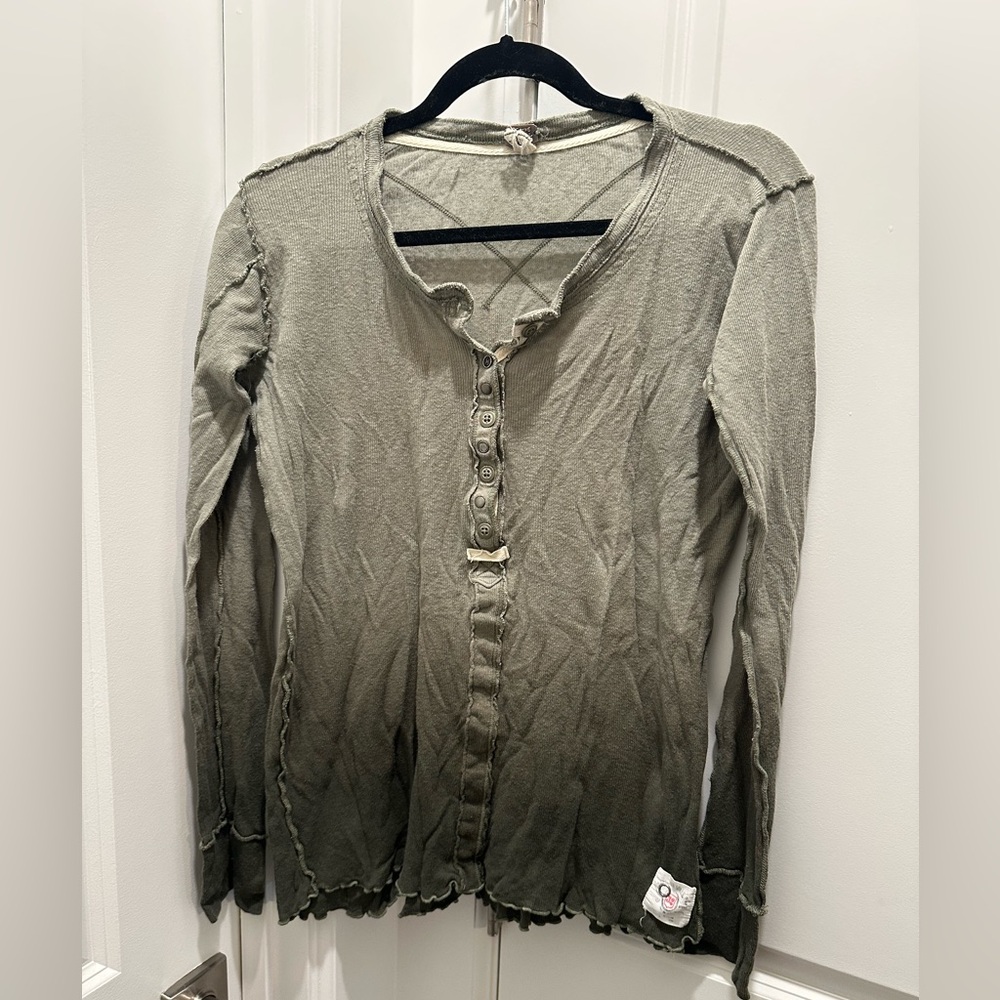 Free People Olive Green Raw Edge Henley Top